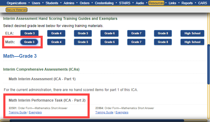 Math section on the Secure Materials web page, with the interim assessment materials displayed